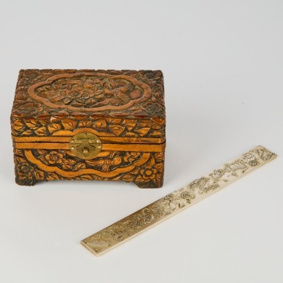 A Chinese Wood Carved Covered Box and a Metal Tray
