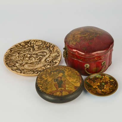 A Group of Four Chinese Items, Comprising a Red Lacquer Gilt Floral Box and Cover, a Dragon Decorated Dish, a Cloisonn&radic;&copy; Enamel Small Dish and a Wooden Cover