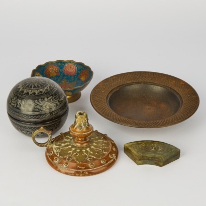 A Group of Five South Asian and Chinese Items, Comprising a Lacquer Box, a Bronze Dish, a Candlestick, an Iron Tray and a Chinese Jade Item