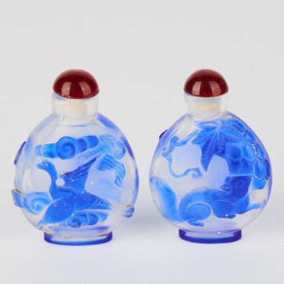 A Set of Two Chinese 20th Century Peking Blue Glass 'Bird-and-Flower' Snuff Bottles