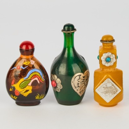 A Group of Three Chinese 20th Century Coloured Glass Snuff Bottles