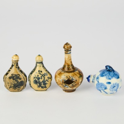 A Group of Four Chinese 20th Century Blue and White Snuff Bottles