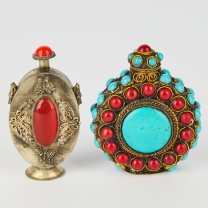 A Set of Two Chinese 20th Century Metal-Mounted Jade Snuff Bottles