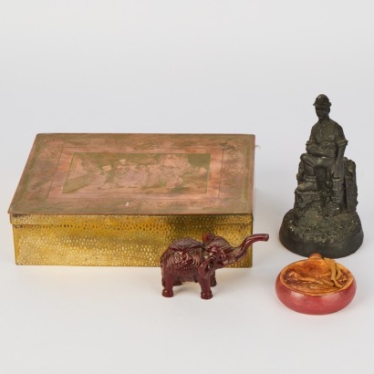 An Old Bronze Box and Three Small Items