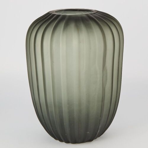 A Large Handmade Ribbed Glass Vase in Smoke Grey