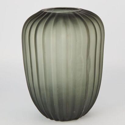 A Large Handmade Ribbed Glass Vase in Smoke Grey
