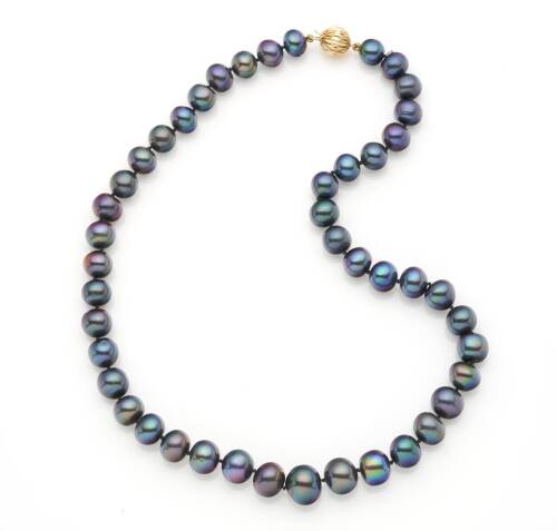 A freshwater pearl necklace, of graduated design, peacock colour. 9ct yellow gold ball clasp. Length 45cm.