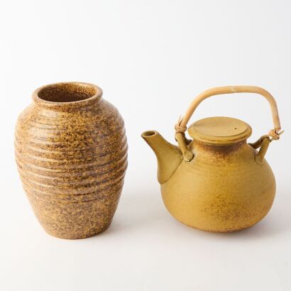 A Japanese 20th Century Pottery Teapot and A Ribbed Storage Jar