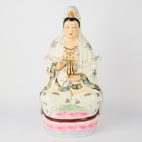 A Chinese 20th Century Famille-rose Seated Guanyin Figure