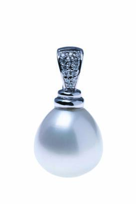 A pearl and diamond pendant enhancer, a 13.5mm drop-shaped pearl with pave diamond set surmount. Estimated total diamond weight 0.08 carats. 18ct white gold. Weight 5.3 grams. Length 26mm.