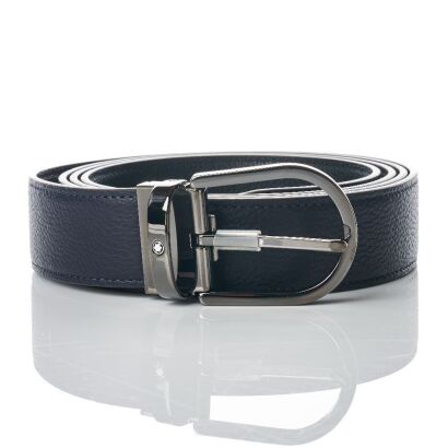 Montblanc, Horseshoe Buckle Night Blue / Black 35mm Reversible Leather Belt - As new