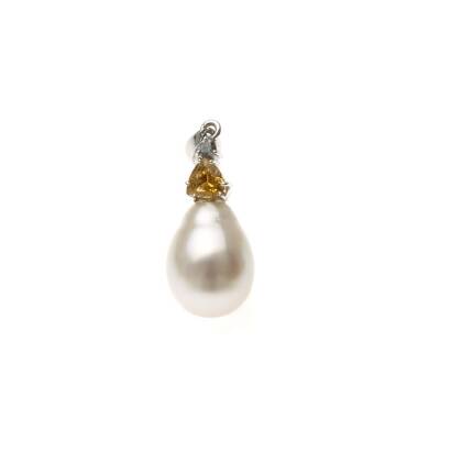 A pearl, sapphire and diamond pendant, the 13.8mm x 10.1mm drop-shaped pearl surmounted by a triangular cut yellow sapphire of estimated weight 0.46 carat and a small brilliant round cut diamond. 18ct white gold. Weight 2.6 grams. Length 28mm.