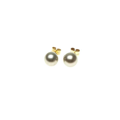 A pair of Tahitian pearl stud earrings, each set with 12mm round pearls. 18ct yellow gold.