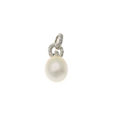 A pearl and diamond pendant, a 11 - 14.4mm drop-shaped pearl with pave diamond set open link surmount. Estimated total diamond weight 0.20 carats. 18ct white gold. Weight 4.0 grams. Length 25mm.