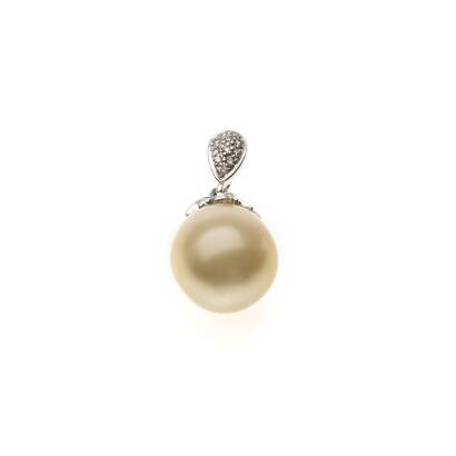 A pearl and diamond pendant, a 13.2 - 15.5mm off round pearl with a pave diamond set cap and bale surmount. Estimated total diamond weight 0.15 carats. 18ct white gold. Weight 5.3 grams. Length 25mm.