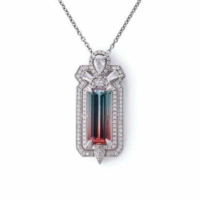 Fifth Avenue Jewellers, 18ct White Gold, Modern, 8.82ct High Quality Watermelon Tourmaline / 1.42ct Diamond Pendant on 18ct White Gold, Cable Link Chain