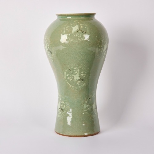 A Korean Late 19th to Early 20th Century Celadon 'Cranes' Vase