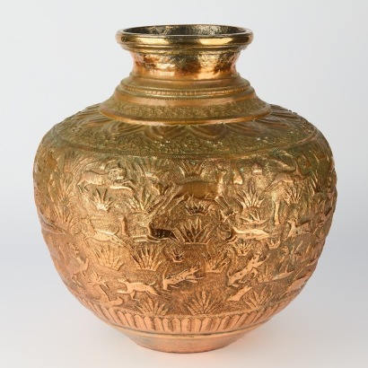 An Antique Large Indo-Persian Copper Vase, 19th Century, Relief-Decorated with Animal Hunt