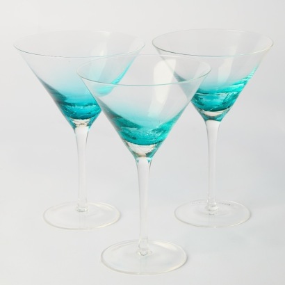A Set of Three Ice Blue Martini Glasses