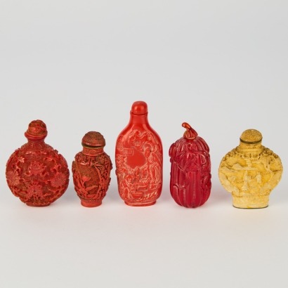 A Group of Five Chinese 20th Century Carved Resin Snuff Bottles
