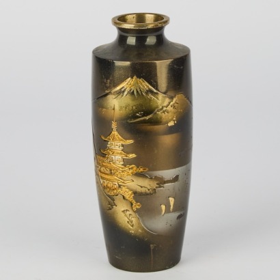 An Early 20th Century Japanese Metal Vase with Landscape Motif
