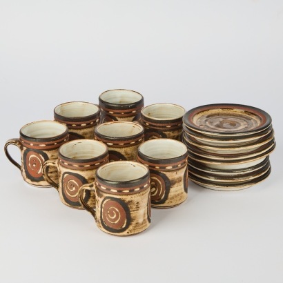 A set of eight Mid-Century Briglin Pottery Coffee Cups and Saucers Made in England