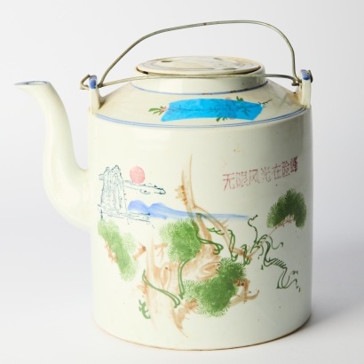 A 20 Century Chinese Underglaze Polychrome 'Landscape' Large Overhead-Handled Teapot