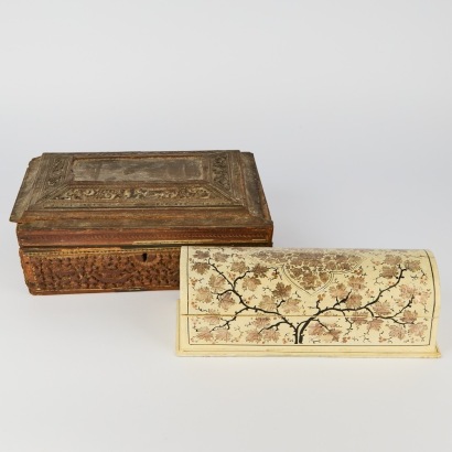 A Set of Two Asian Wooden Boxes, Comprising a Carved Floral Box and a Gilt-Painted Floral Box