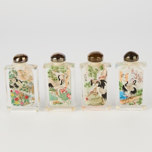 A Set of Four Chinese Inside-Painted Glass 'Crane ' Snuff Bottles