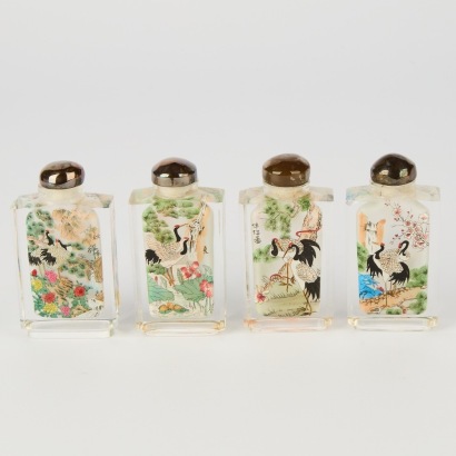 A Set of Four Chinese Inside-Painted Glass 'Crane ' Snuff Bottles