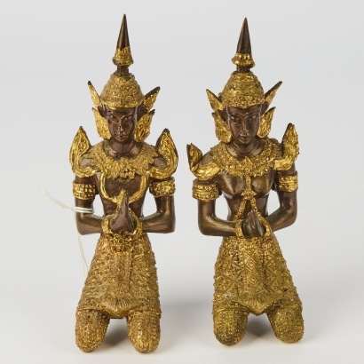 A Pair of Traditional Kneeling Warrior Figurines in Bronze and Gold Tones