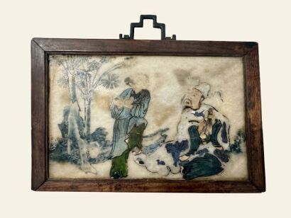 A Chinese 19th Century Qing Dynasty Polychrome 'Figural' Marble Small Hanging Panel