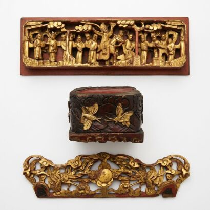 A Group of Three 19 Century Chinese Gilt Lacquered Wood Carvings Decorated with Figures, Phoenixes and Butterflies
