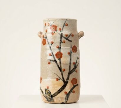 A 20 Century Japanese Studio Pottery Plum Blossom Decorated Vase