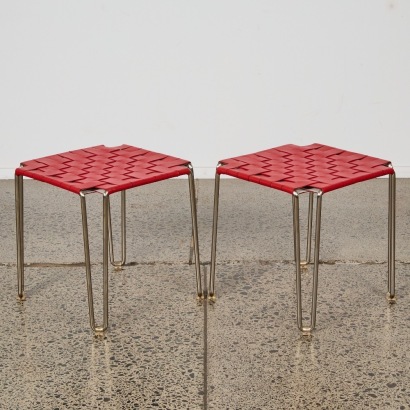 A Pair of Red Woven Vinyl Stools
