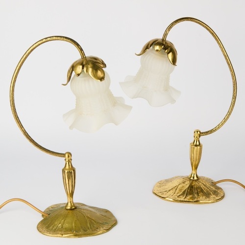 A Pair of Brass Gooseneck Lily Pad Lamps with Victorian Frosted Glass Shades