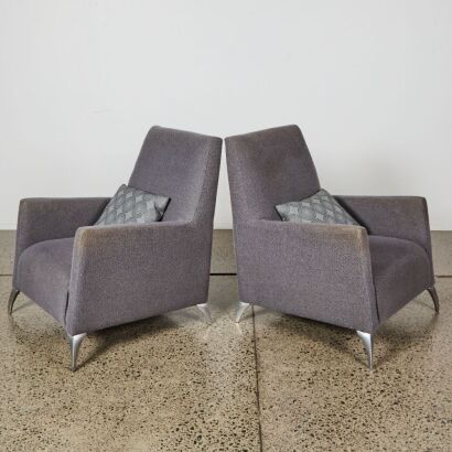 A Pair of Contemporary Grey Upholstered Armchairs with Tapered Legs