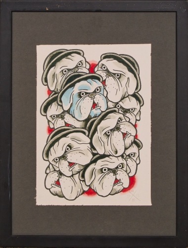 A Framed Artwork of American Traditional Style Bull Dogs