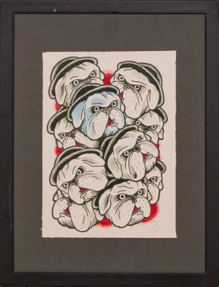 A Framed Artwork of American Traditional Style Bull Dogs
