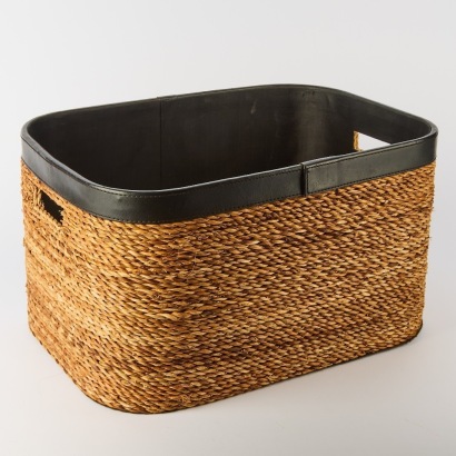A Wicker Style Basket with Leather Trim