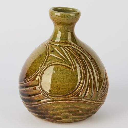 A Wayne Tasker Carved Celadon Bottle Form