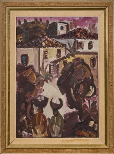 A Mid-Century Original African Village Oil Painting by Lilo