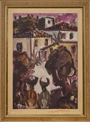 A Mid-Century Original African Village Oil Painting by Lilo