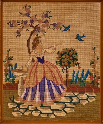 A Vintage Framed Needlepoint of a Crinoline Lady