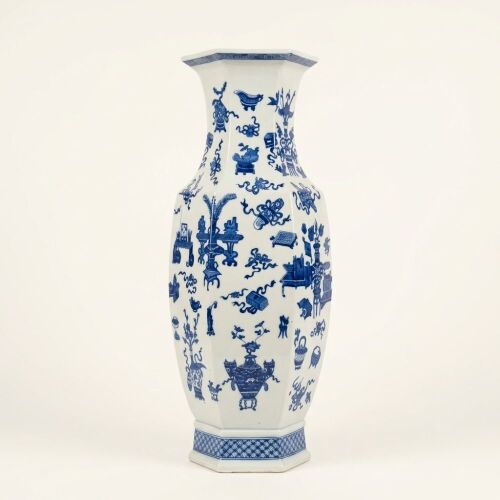A Large Chinese Blue and White Hexagonal Vase with Antiquities Motifs
