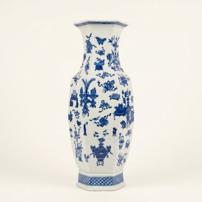 A Large Chinese Blue and White Hexagonal Vase with Antiquities Motifs
