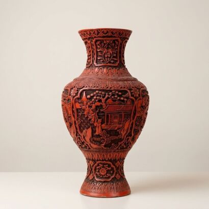 A Large Chinese Carved Cinnabar Lacquer Vase with Landscape and Figures
