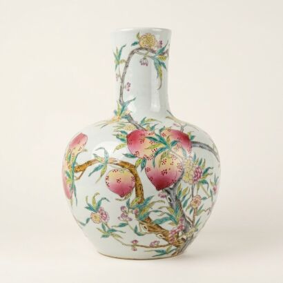 A Chinese Famille Rose Celestial Globe Vase with Nine Peaches