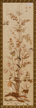 A Mid 20 Century Chinese Embroidered Panel with Birds and Flowers