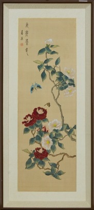 A 20 Century Chinese Painting of Flowers and Butterflies on Silk